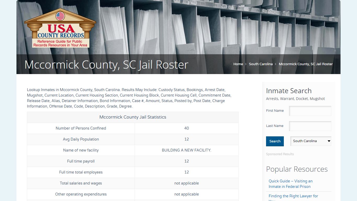 Mccormick County, SC Jail Roster | Name Search