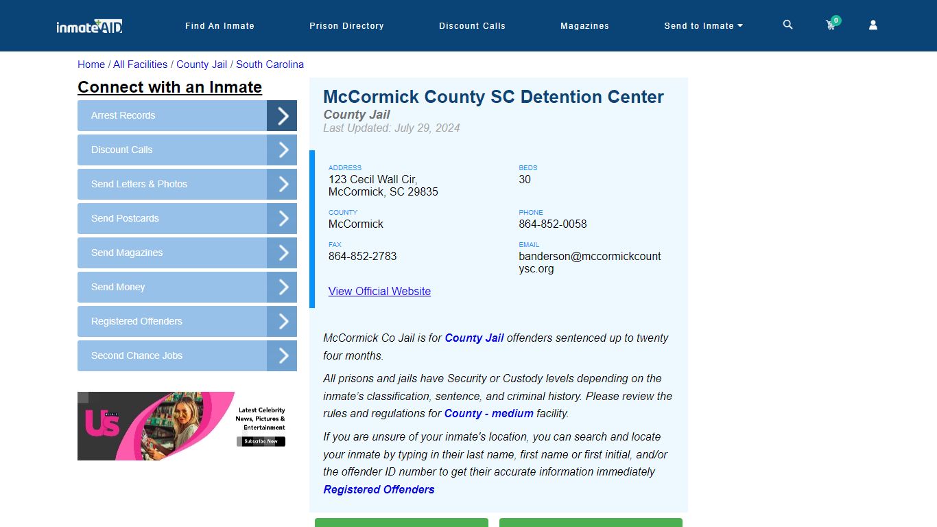 McCormick County SC Detention Center - Inmate Locator