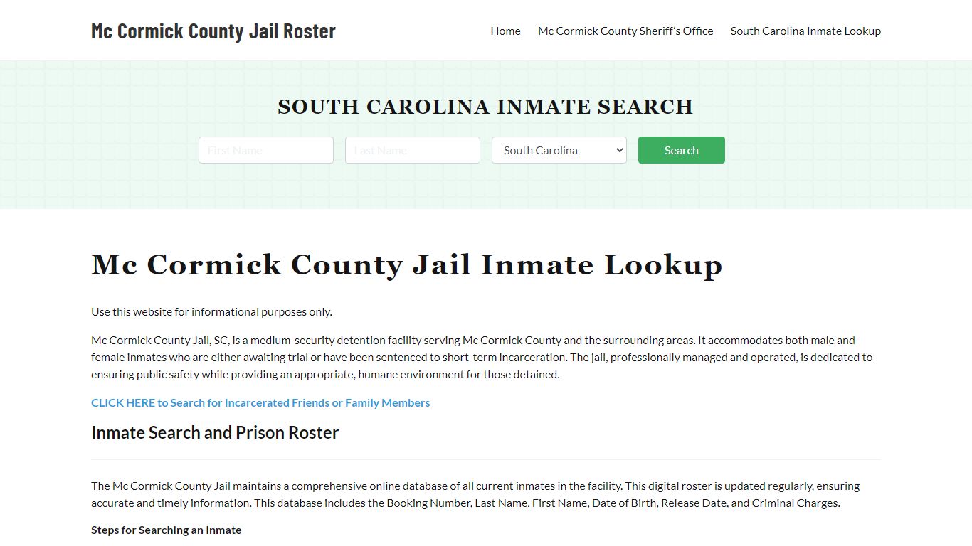 Mc Cormick County Jail Roster Lookup, SC, Inmate Search